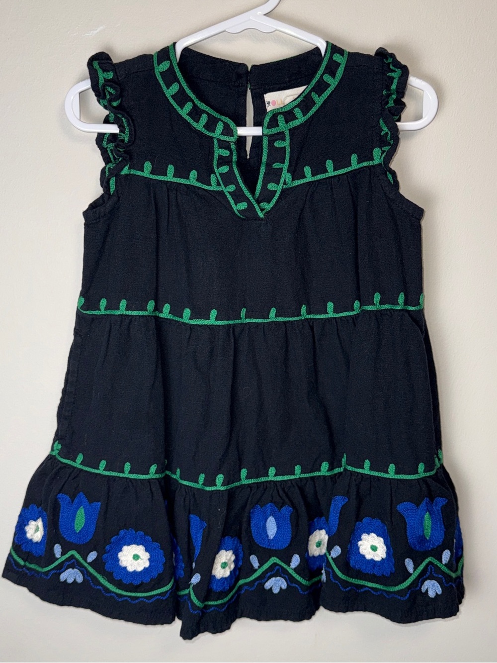 Roller Rabbit 2T Black Dress with Green Trim and Blue Floral Embroidery
